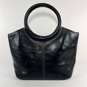 Vintage Fossil Satchel Black Genuine Leather Circle Handles Handbag Y2K